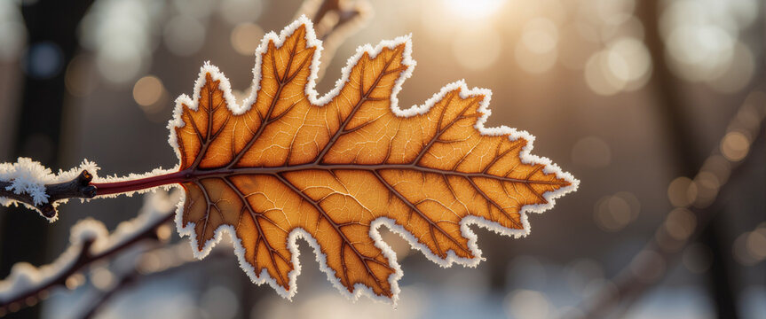 Macro dried oak leaf covered in morning frost for late autumn nature sites, winter transition blogs, mindfulness graphics