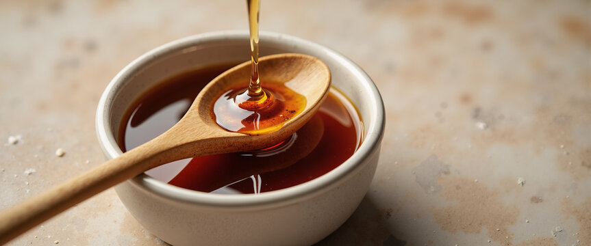 Macro thick maple syrup dripping from spoon into bowl for breakfast blogs, autumn recipe sites, Thanksgiving food graphics