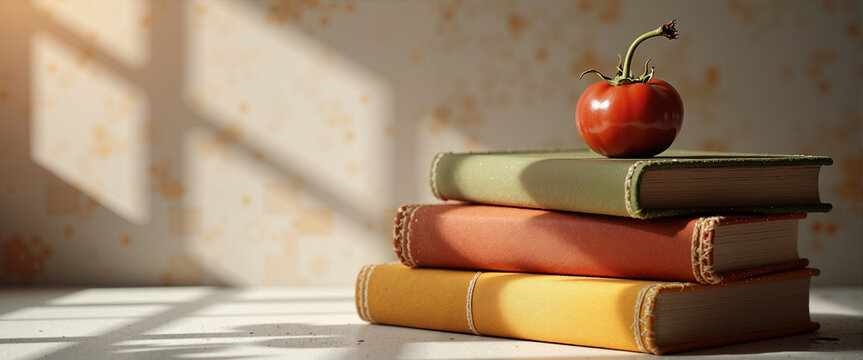 A stack of cloth-bound books in muted autumn tones, accented by a red tomatom for cozy book blogs, websites focused on the start of the academic year, and educational materials for Thanksgiving