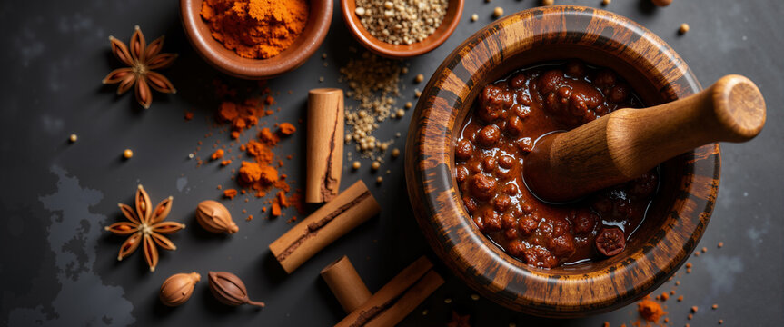 Crushed star anise and cinnamon sticks with mortar and pestle for autumn baking sites, holiday spice blogs, Thanksgiving graphics