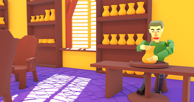 Cartoon human character on the work. 3d render.