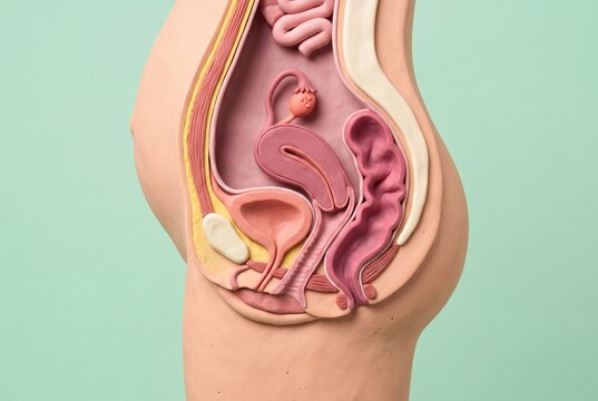 3D clay style medical illustration of female pelvic anatomy cross section showing uterus, ovary, fallopian tube, bladder and rectum, mint green background for gynecology education
