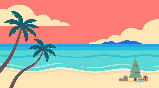 Tropical Beach Christmas Vacation Scene with Palm Trees and Festive Gift Boxes