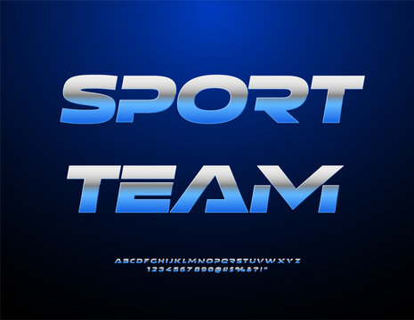 Vector Metallic icon Sport Team. Contemporary Metallic Font. Trendy set of Futuristic style Alphabet Letters and Numbers set.