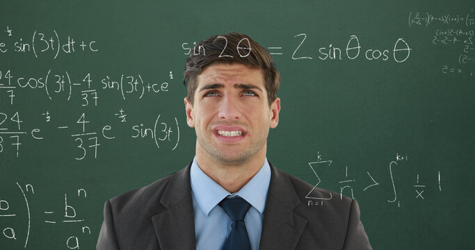 A digital image depicts a perplexed male student with math equations floating onscreen.