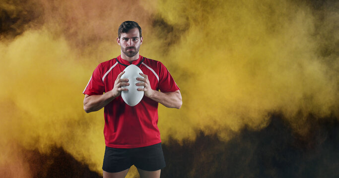 Image of a young Caucasian male rugby player standing