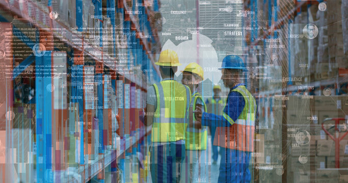 Financial and statistical data processing against team of workers checking stocks at warehouse