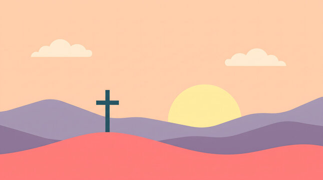 Christian Cross Standing on a Hill Overlooking a Peaceful Sunset Landscape Illustration