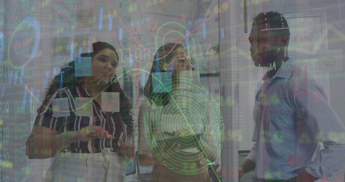 Image of data processing with padlock icon over diverse business people in office