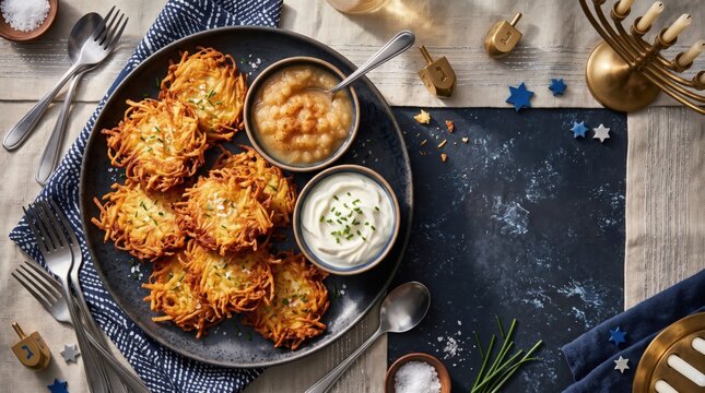 Golden latkes with applesauce and sour cream are arranged beside dreidels and a menorah in a blue Hanukkah food composition, for visual storytelling