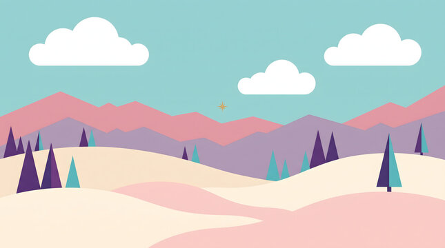 Flat Vector Landscape Illustration Featuring Colorful Mountains and Evergreen Trees