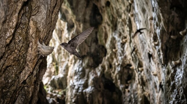Swift bird flying near nest inside dark rocky cave