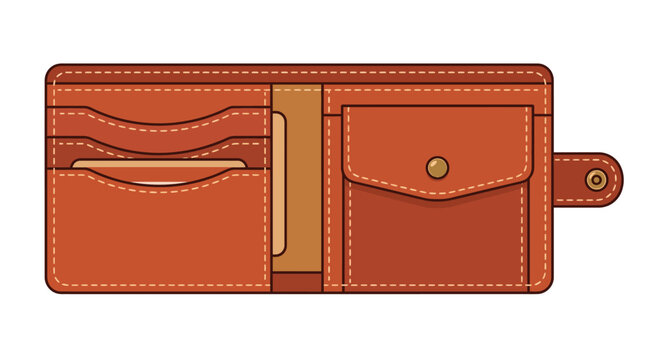 Open brown leather wallet with card slots and coin pocket vector illustration.