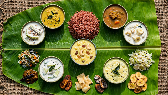 Kerala Onam Sadhya Feast on Banana Leaf with Red Rice and Payasam