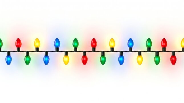 A string of colorful glowing Christmas light bulbs isolated on a white background for holiday decoration