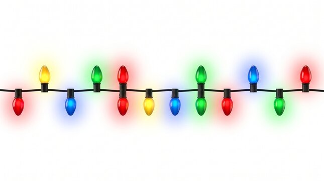 A string of colorful glowing Christmas light bulbs isolated on a white background for holiday decoration