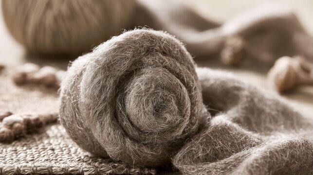 Gray natural-fiber roving wound into a loose coil &mdash; Gray roving coil on warm textile