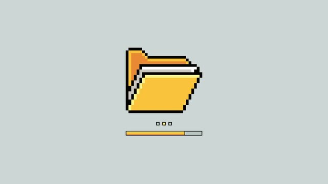 Minimalist retro 4K pixel art animation of an open yellow folder with stepped pixels, sequential square loading indicators, animated progress bar, and completion checkmark.