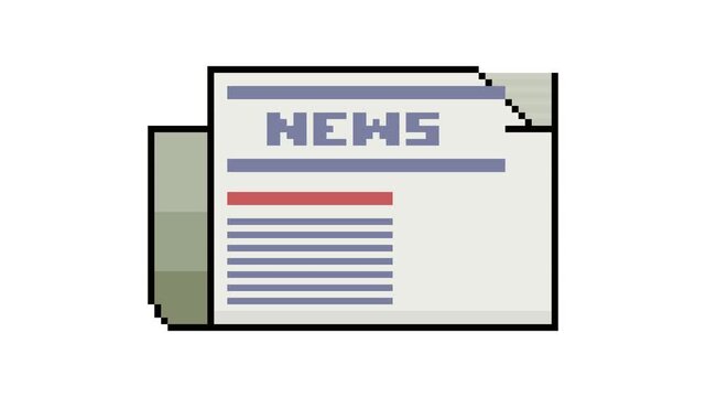 Minimalist retro 4K pixel art motion animation of an ivory newspaper featuring pixel typography NEWS title, animated headline reveal, article text lines, blue photo panel, and paper fold.