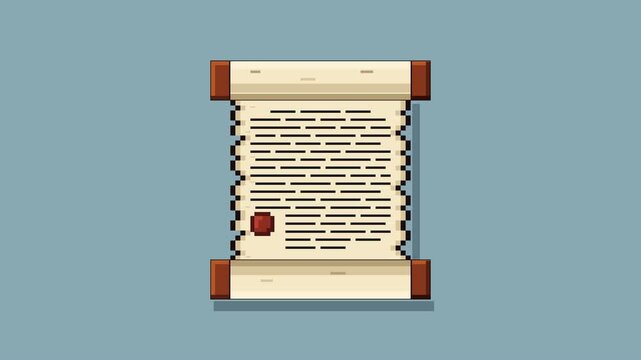 Minimalist retro 4K pixel art motion animation of an ancient parchment scroll unrolling with wooden spindle rollers, ragged deckled paper edges, ancient script text, and crimson wax seal.
