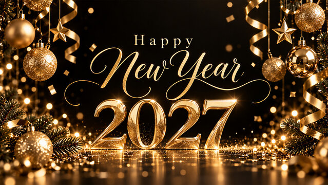 Happy New Year 2027 in luxurious gold with sparkling fireworks, confetti, ribbons and festive ornaments on elegant black celebration background