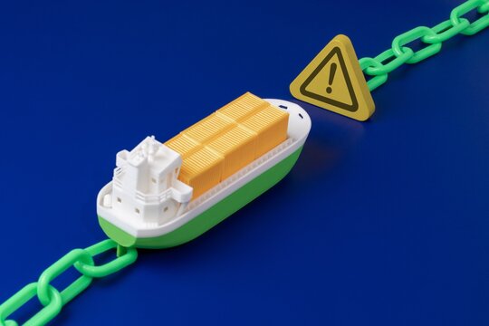Miniature container cargo ship and yellow warning sign with a green chain on a blue surface. Supply chain disruption, logistics bottleneck, freight shipping delay, and global trade crisis concept.