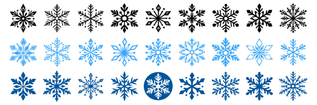 Detailed vector illustration of black and blue winter snowflakes collection set featuring various intricate shapes and geometric crystal patterns isolated on transparent background