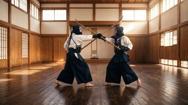 Two Naginata Martial Arts Practitioners in Protective Armor Sparring with Polearms in a Traditional Wooden Dojo