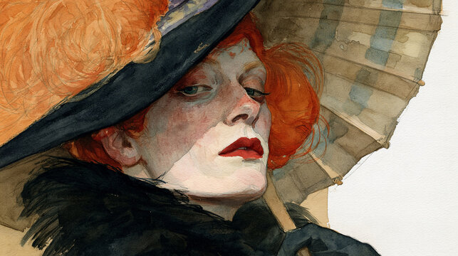 Watercolor painting of an elegant woman with a wide-brimmed hat and parasol. Artistic portrait for fashion and vintage design projects.