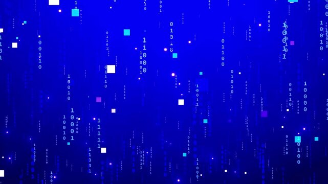 Abstract Blue Digital Data Rain Animation with Vertical Binary Numbers, Glowing Zero and One Characters, Floating Cyan Pixel Blocks, Electronic Light Points and Computer Code Background