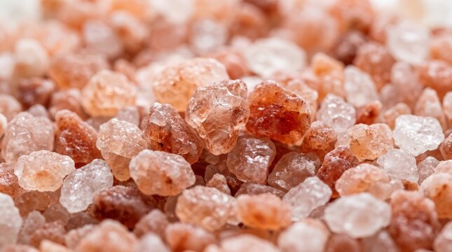 Macro shot of coarse Himalayan pink salt crystals, showcasing natural mineral textures and warm earthy tones in a detailed, tightly framed composition, underscoring the minerals