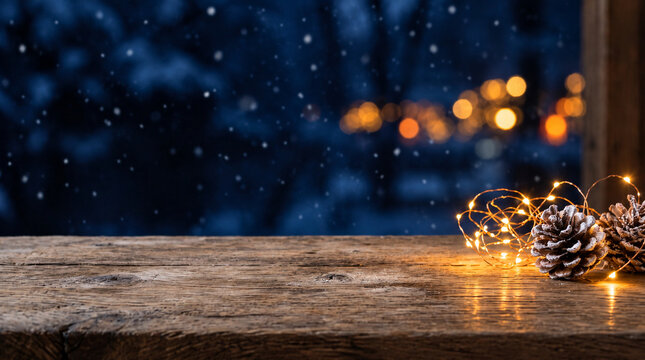 Empty wooden table top with glowing fairy lights and blurred winter snow background for product display