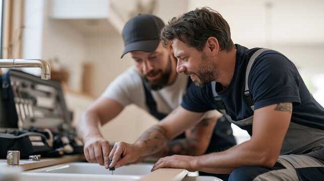 A newly qualified plumber experiencing the first day at a professional maintenance company, accompanying a senior technician to inspect pipework beneath a kitchen sink, organized