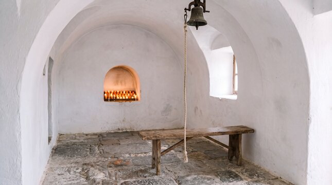 Simple Whitewashed Hermitage Interior With Wooden Bench and Candle Niche