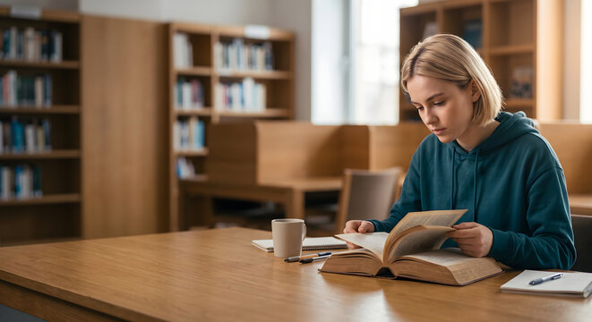 Blonde Caucasian female student flipping through large reference volume at study desk in library
