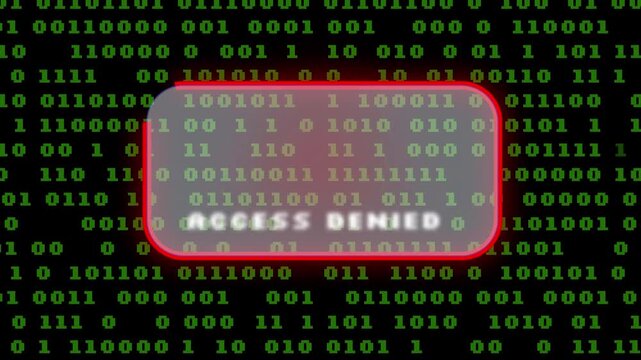 Flashing red alert showing access denied and warning symbols on a green binary code computer screen.