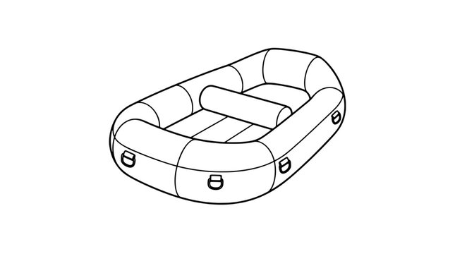 Inflatable whitewater raft boat featuring rounded perimeter tubes, a central cylindrical thwart seat, and exterior lashing D-rings, drawn in clean black outline art as a river sports vector icon