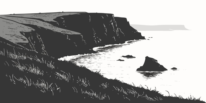 Black and white of a steep cliff edge overlooking the ocean with rocky formations in the water and grass on a white background