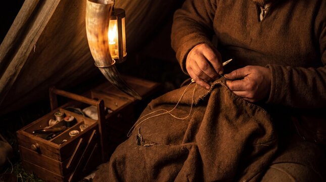 Reenactor Hand Sewing Authentic Wool Garment by Lantern Light in Camp