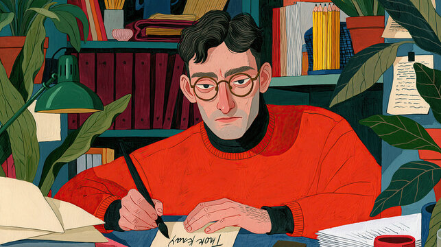 Male writer composing thank you card in study