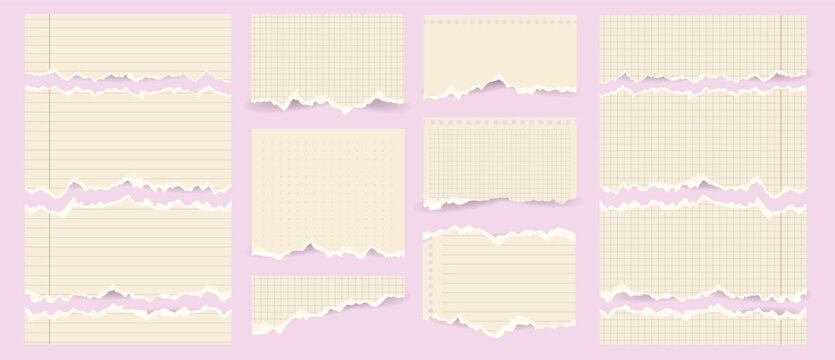 Lined and squared torn paper collection on a pastel pink background. Use for collages, classroom materials, invitations and creative branding.