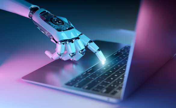 Robotic hand pressing a keyboard on a laptop. Cyborg fingers using a computer. 3D rendering