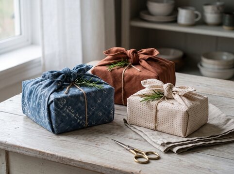 Gifts Wrapped in Reusable Fabric with Rosemary Sprigs and Twine on a Wooden Table