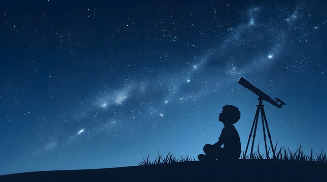 A kid with telescope observing galaxy space at night sky