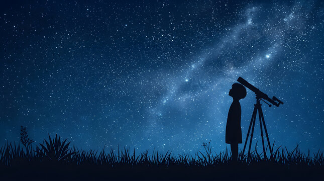 A kid with telescope observing galaxy space at night sky