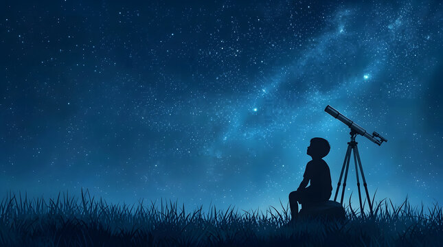 A kid with telescope observing galaxy space at night sky