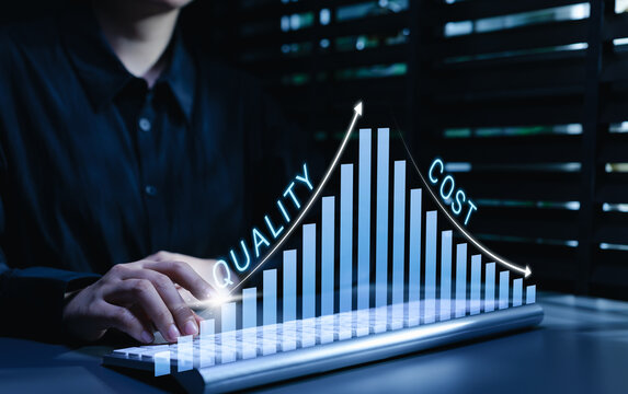 Quality and cost optimization concept. Person typing on keyboard, bar chart, rising quality curve and declining cost trend, business efficiency, value performance management, operational strategy