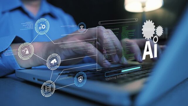 Software system updates using AI to assist in analyzing and developing software for system updates and performance optimization, including cloud computing, automated processes, and security interfaces