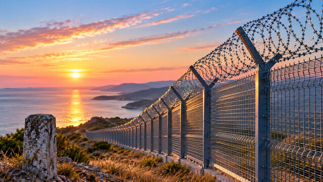 A long metal security fence with barbed wire along a scenic coastal cliff sunset