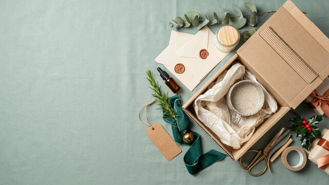 Eco Friendly Christmas Gift Packaging and Sustainable Holiday Product Flat Lay with Kraft Box, Reusable Ceramic Mug, Candle and Natural Greenery on Sage Green Linen Background